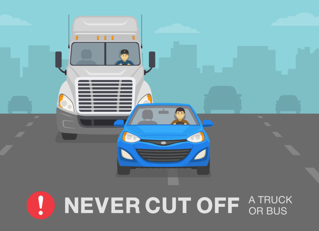 Sedan car driver cuts off a truck on a highway. Never cut off a truck or bus warning. Flat vector illustration template.