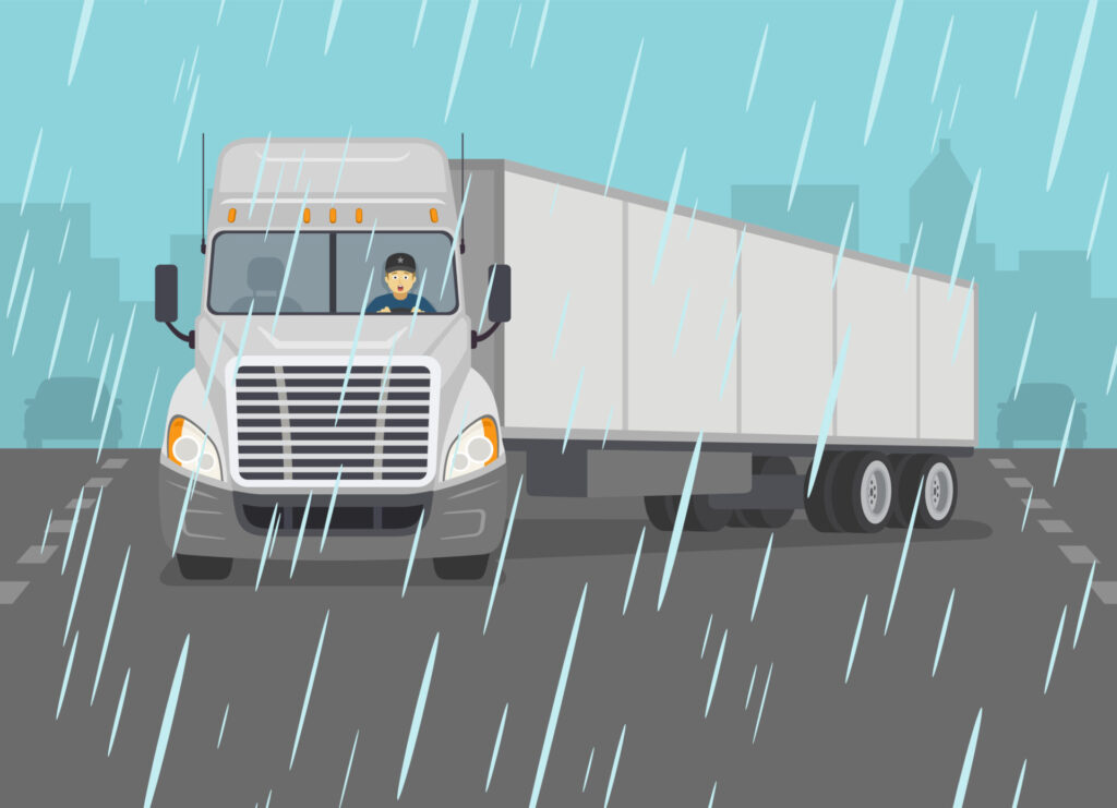 Illustration of a semi-truck driving in the rain. The trailer is swinging out from behind the cab to show an instance of the unit jackknifing.