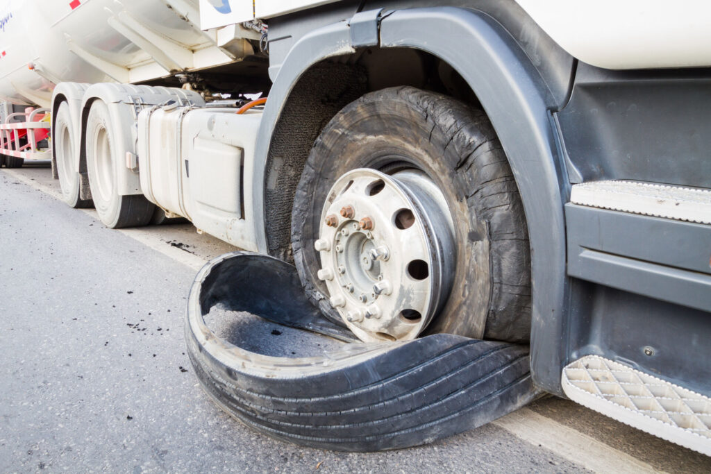 closeup of a semi-truck's burst tire on a highway 